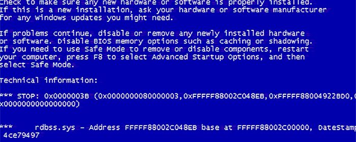 Фото ошибки 0x0000003b синего экрана на Windows 7