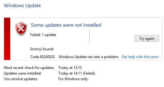 Фото проблемной ошибки 80240020 в системе Windows 10