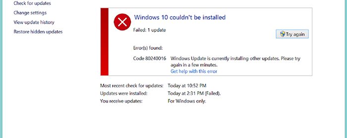 Фото ошибки 80240016 на ОС Windows