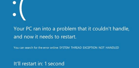 фото ошибки system thread exception not handled выдает Windows