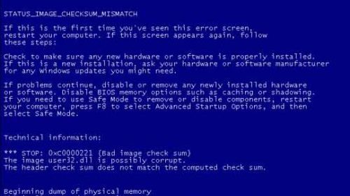 0xC0000221 Ошибка Синего экрана STATUS_IMAGE_CHECKSUM_MISMATCH